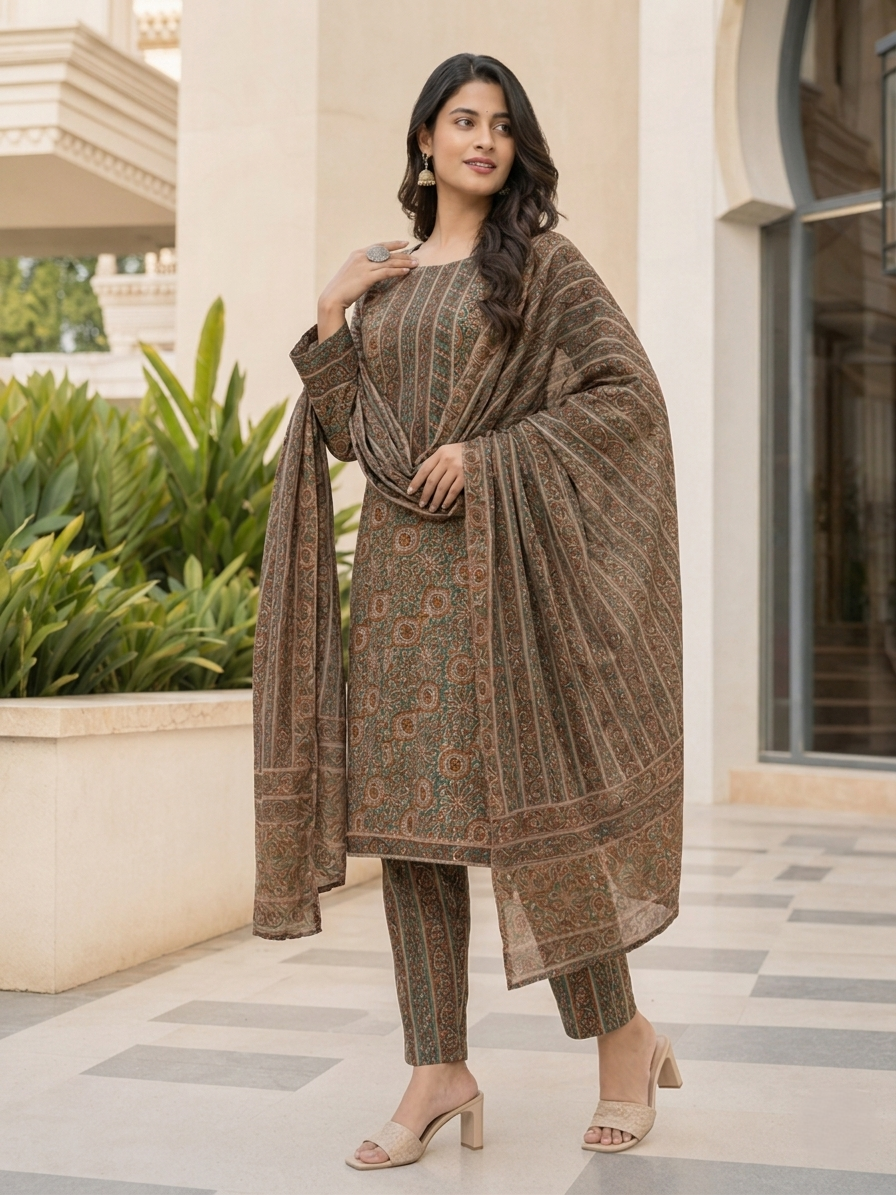 Brown Ethnic Printed Viscose Rayon Kurta Set Dupatta Stylish Outfit