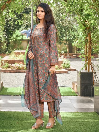 Brown Floral Rayon Printed Kurta Set