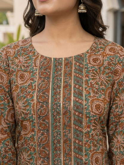 Brown Ethnic Printed Viscose Rayon Kurta Set Dupatta Stylish Outfit