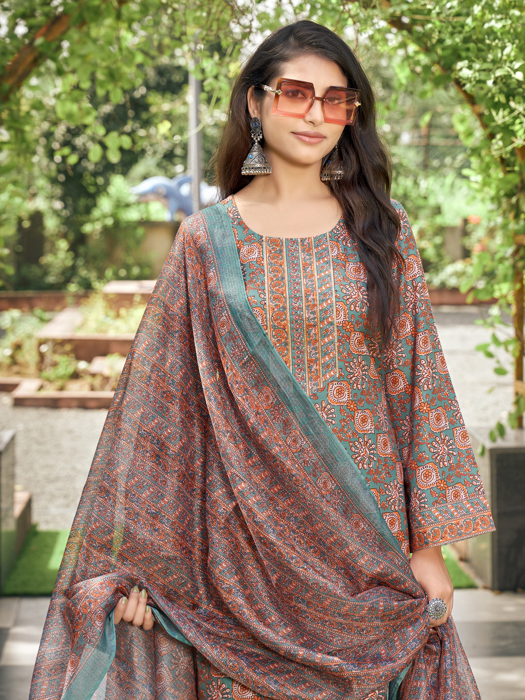 Brown Floral Rayon Printed Kurta Set