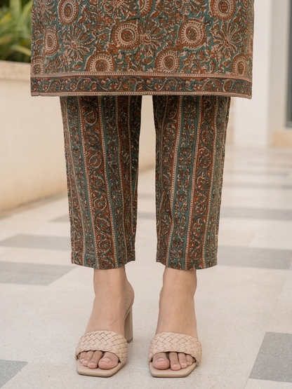 Brown Ethnic Printed Viscose Rayon Kurta Set Dupatta Stylish Outfit