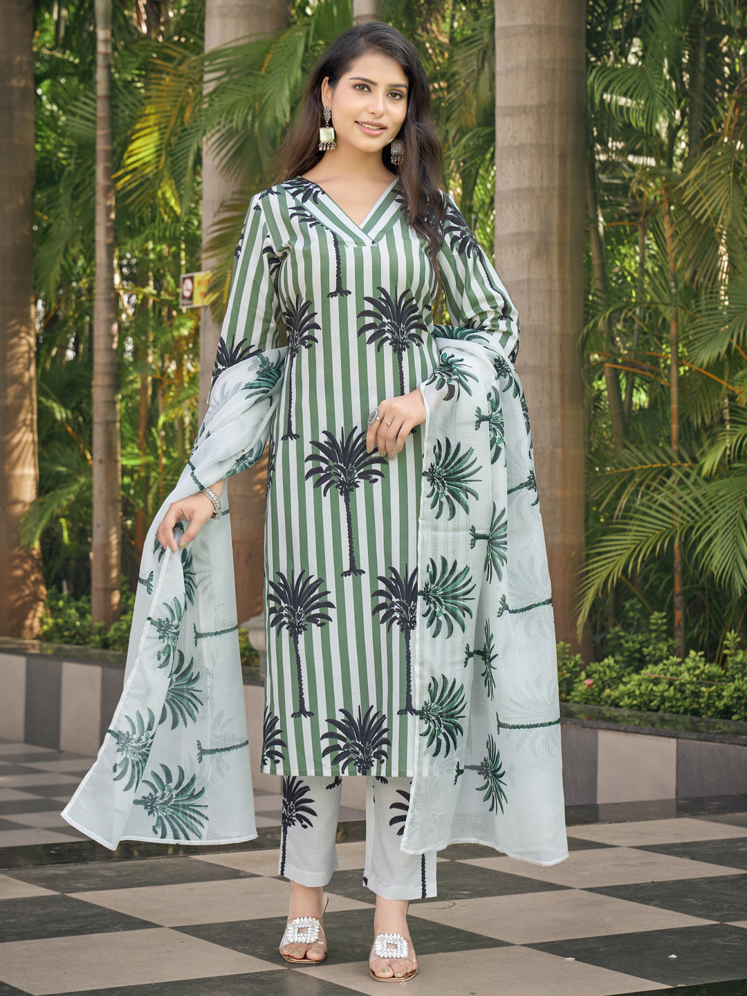 Green And White Striped A-Line Kurta Set