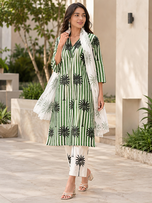 Green White Ethnic Printed Viscose Rayon Kurta Set Dupatta Outfit