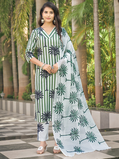 Green And White Striped A-Line Kurta Set