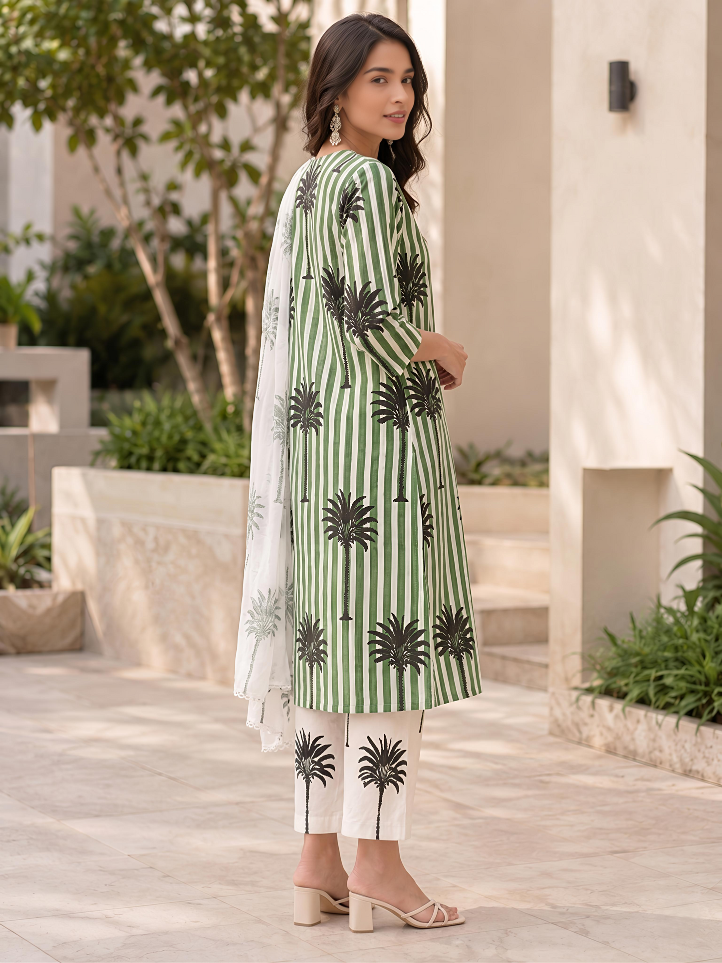 Green White Ethnic Printed Viscose Rayon Kurta Set Dupatta Outfit