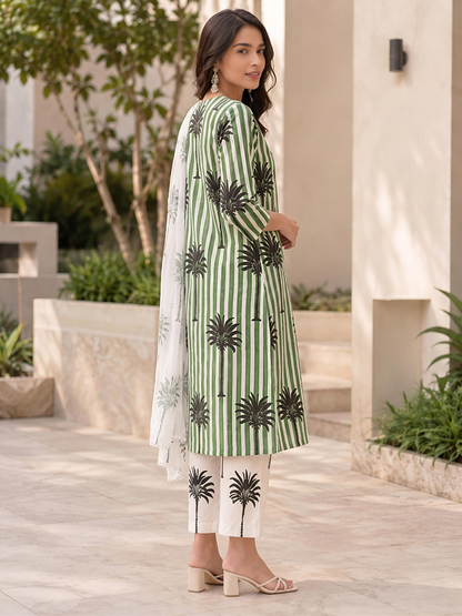Green White Ethnic Printed Viscose Rayon Kurta Set Dupatta Outfit