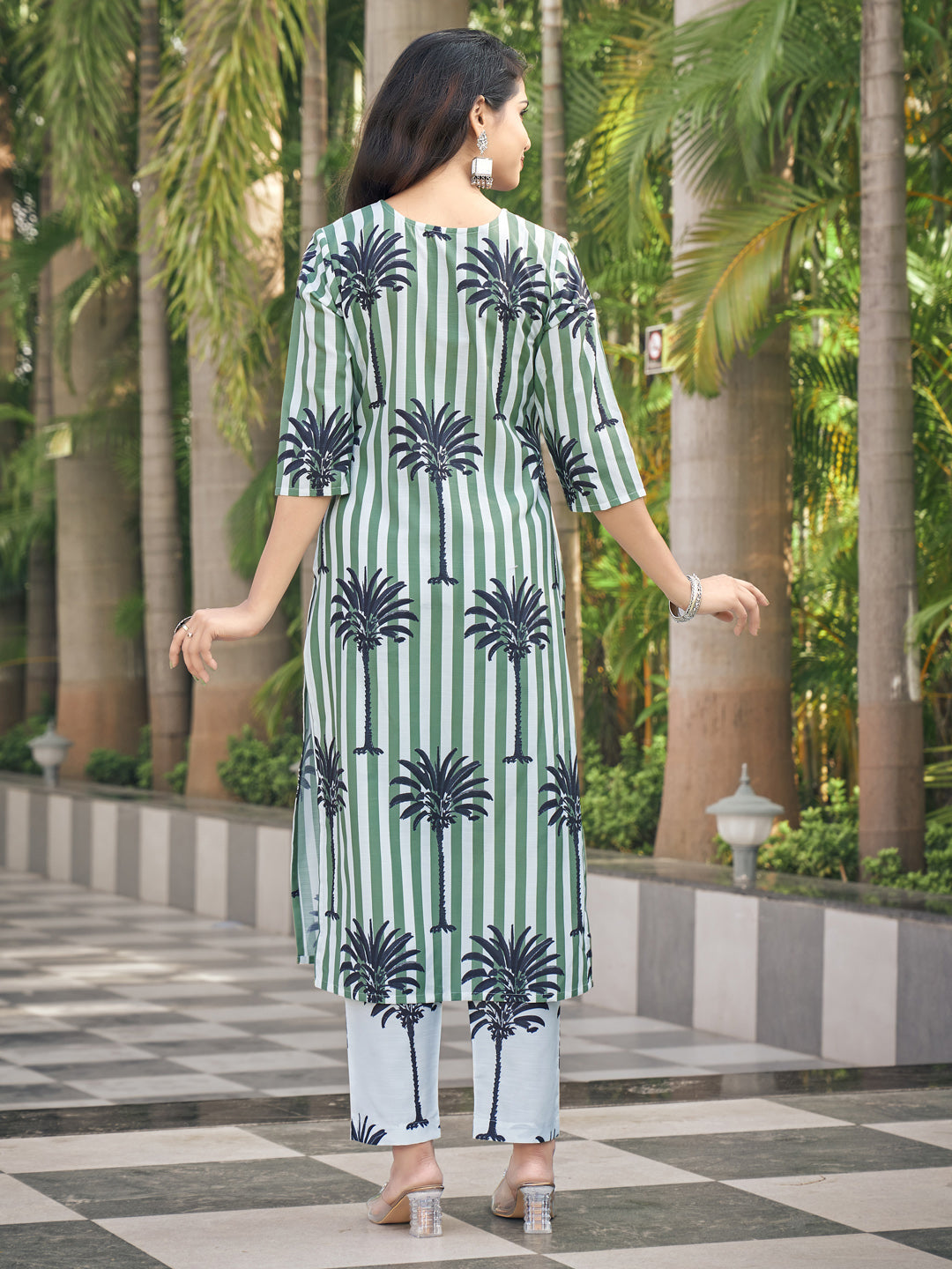 Green And White Striped A-Line Kurta Set