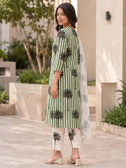 Green White Ethnic Printed Viscose Rayon Kurta Set Dupatta Outfit