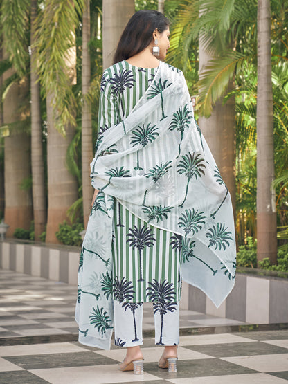 Green And White Striped A-Line Kurta Set