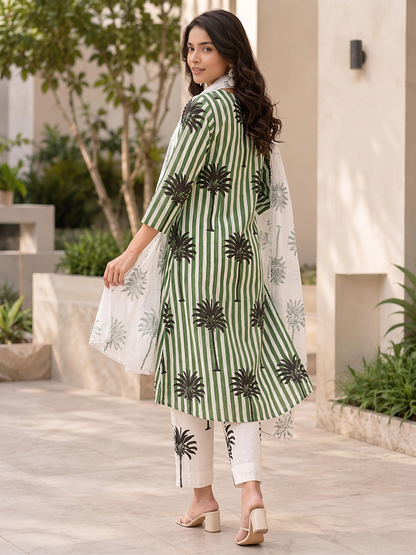 Green White Ethnic Printed Viscose Rayon Kurta Set Dupatta Outfit