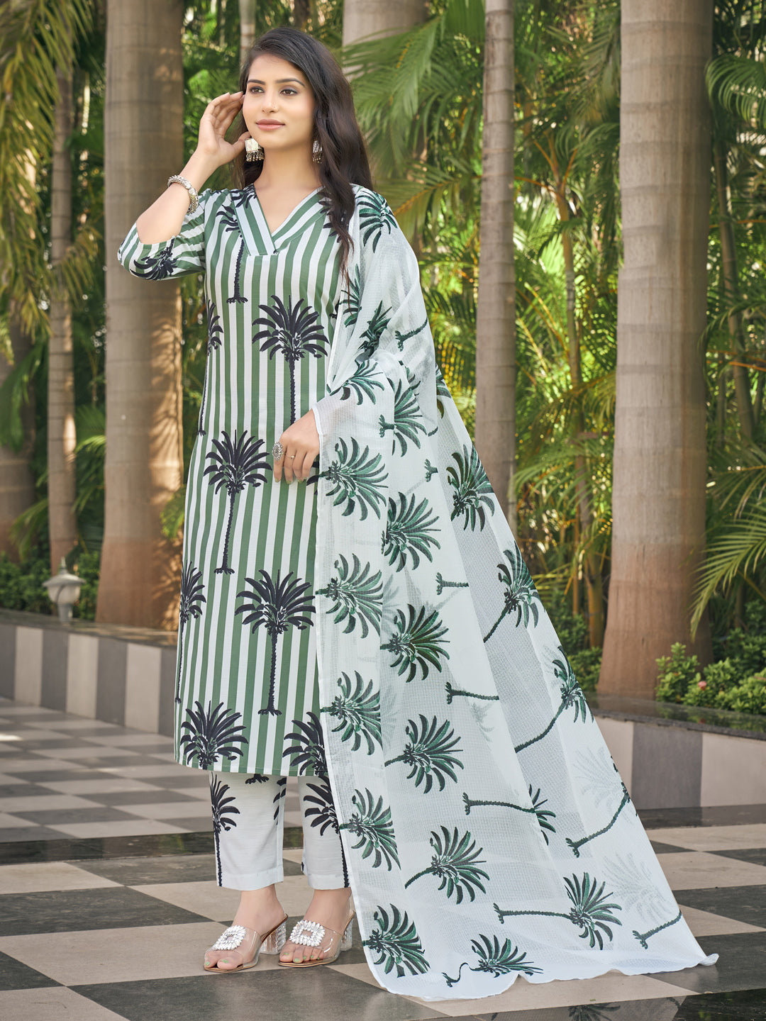 Green And White Striped A-Line Kurta Set