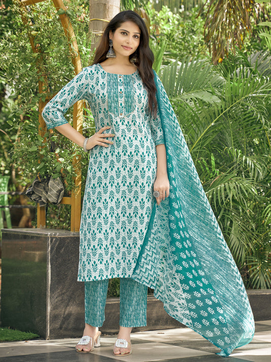 Sea Green Motifs Round Neck Kurta Set