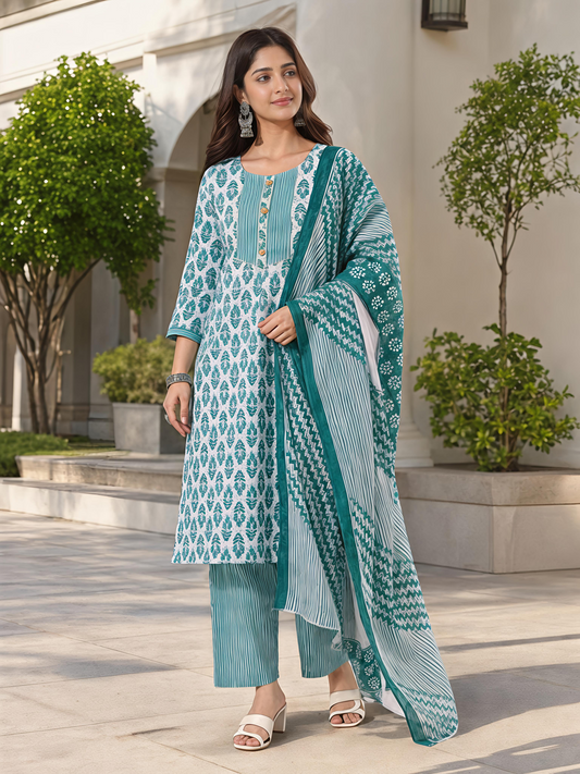Sea Green Ethnic Printed Viscose Rayon Kurta Set Dupatta Outfit