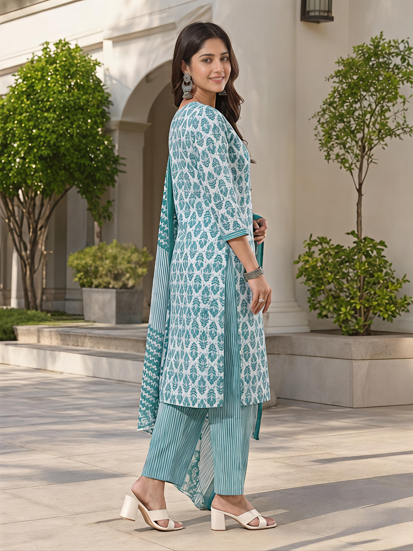 Sea Green Ethnic Printed Viscose Rayon Kurta Set Dupatta Outfit