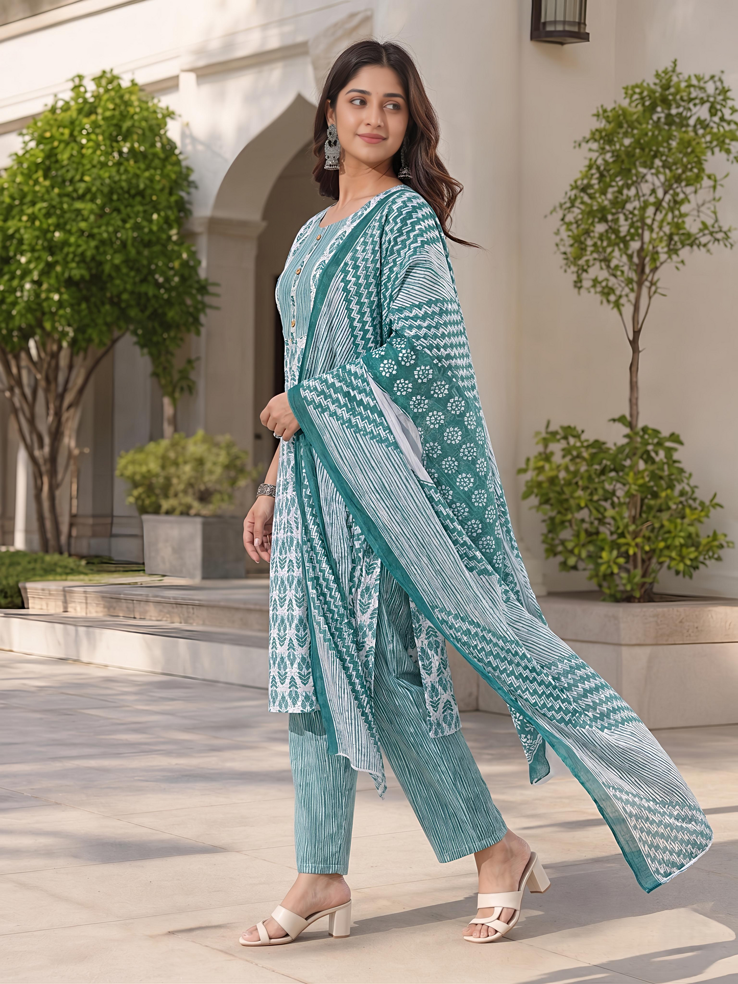 Sea Green Ethnic Printed Viscose Rayon Kurta Set Dupatta Outfit