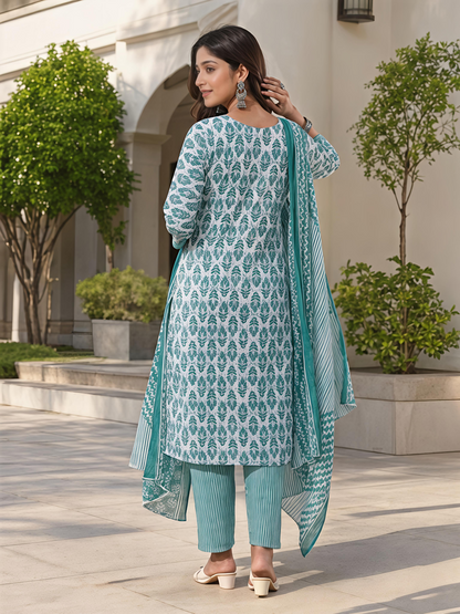 Sea Green Ethnic Printed Viscose Rayon Kurta Set Dupatta Outfit
