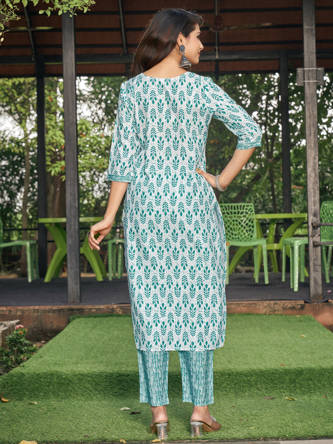 Sea Green Motifs Round Neck Kurta Set