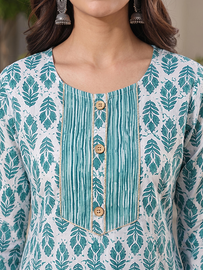 Sea Green Ethnic Printed Viscose Rayon Kurta Set Dupatta Outfit