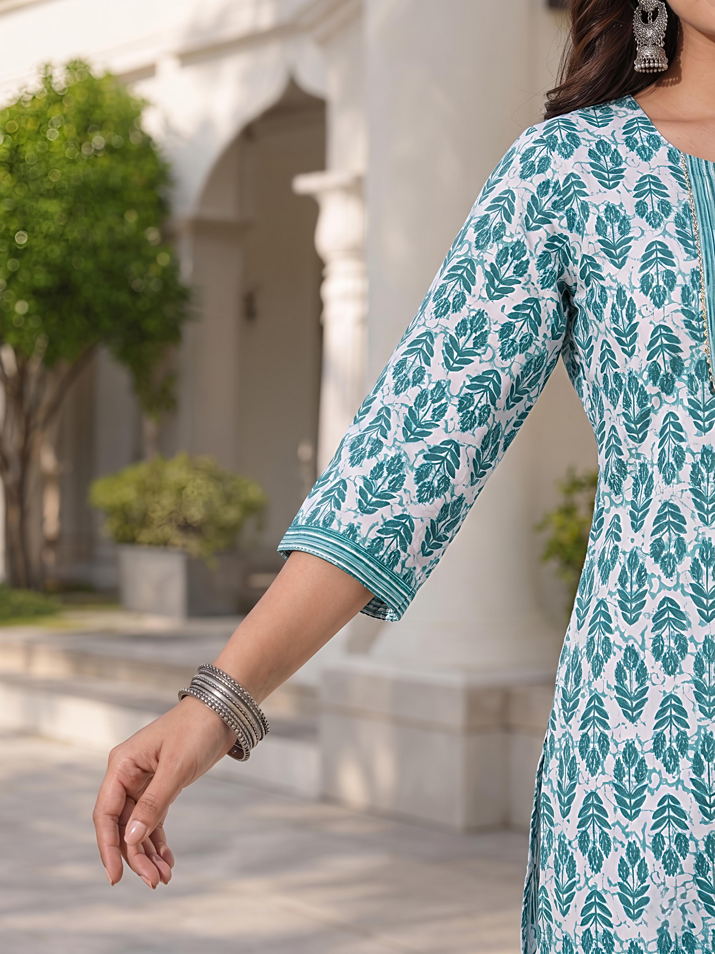 Sea Green Ethnic Printed Viscose Rayon Kurta Set Dupatta Outfit