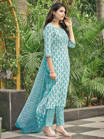 Sea Green Motifs Round Neck Kurta Set