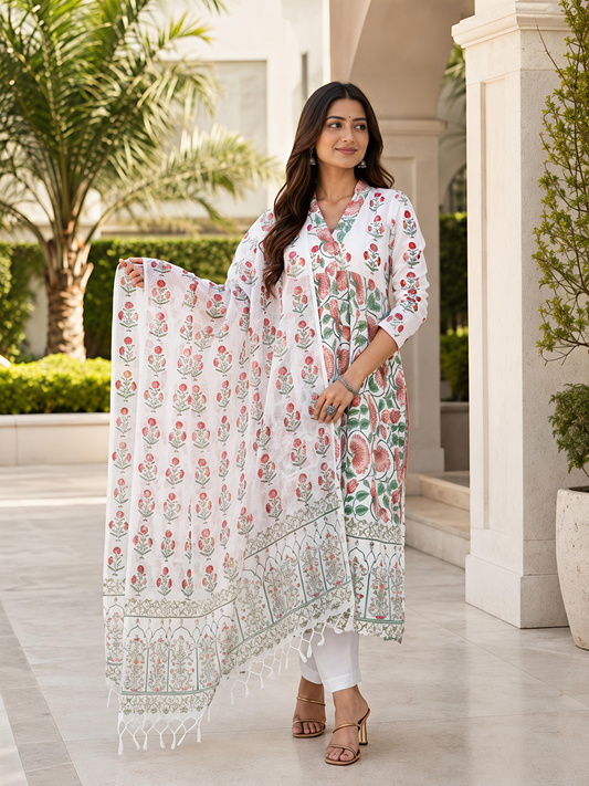 White Ethnic V-Neck Printed Rayon Kurta Set Dupatta Outfit