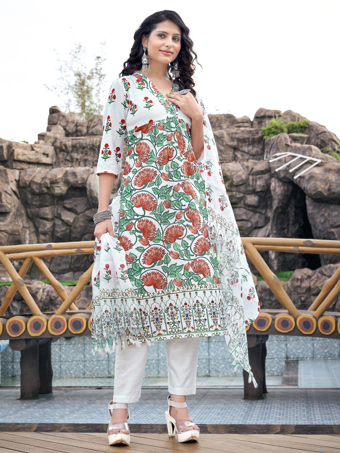 White Floral Rayon A-Line Kurta Set