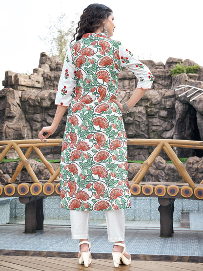 White Floral Rayon A-Line Kurta Set