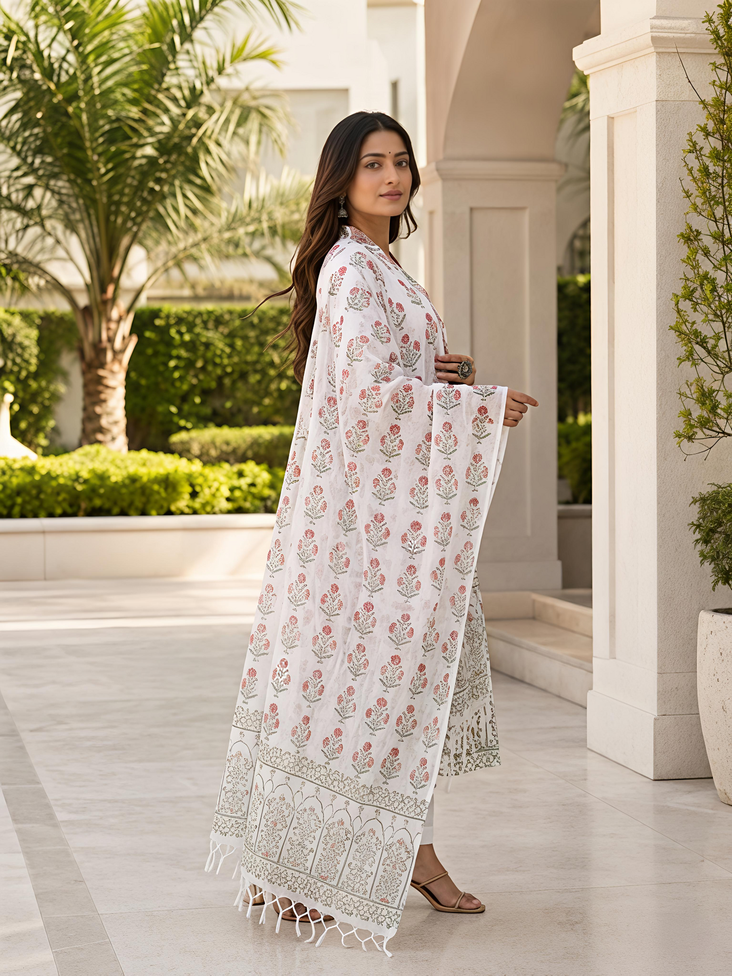 White Ethnic V-Neck Printed Rayon Kurta Set Dupatta Outfit