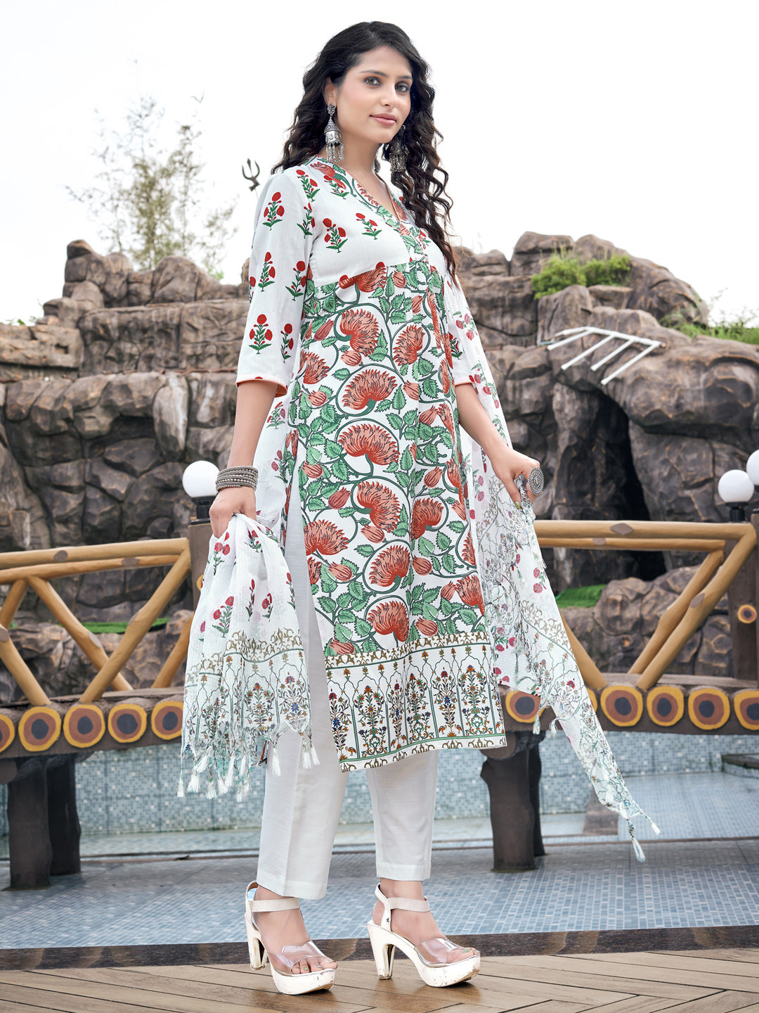 White Floral Rayon A-Line Kurta Set