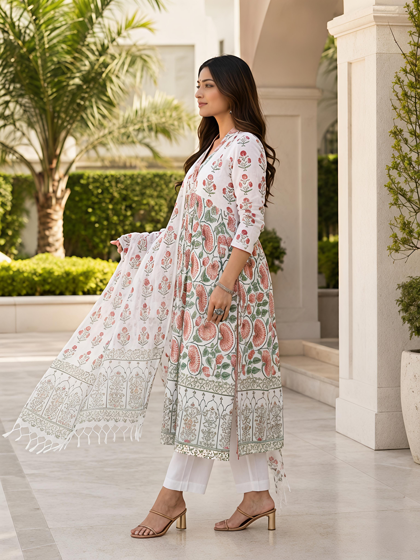 White Ethnic V-Neck Printed Rayon Kurta Set Dupatta Outfit