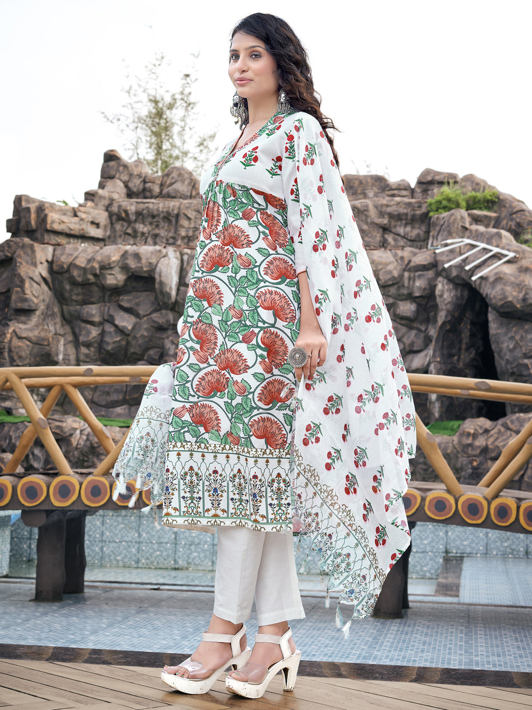 White Floral Rayon A-Line Kurta Set