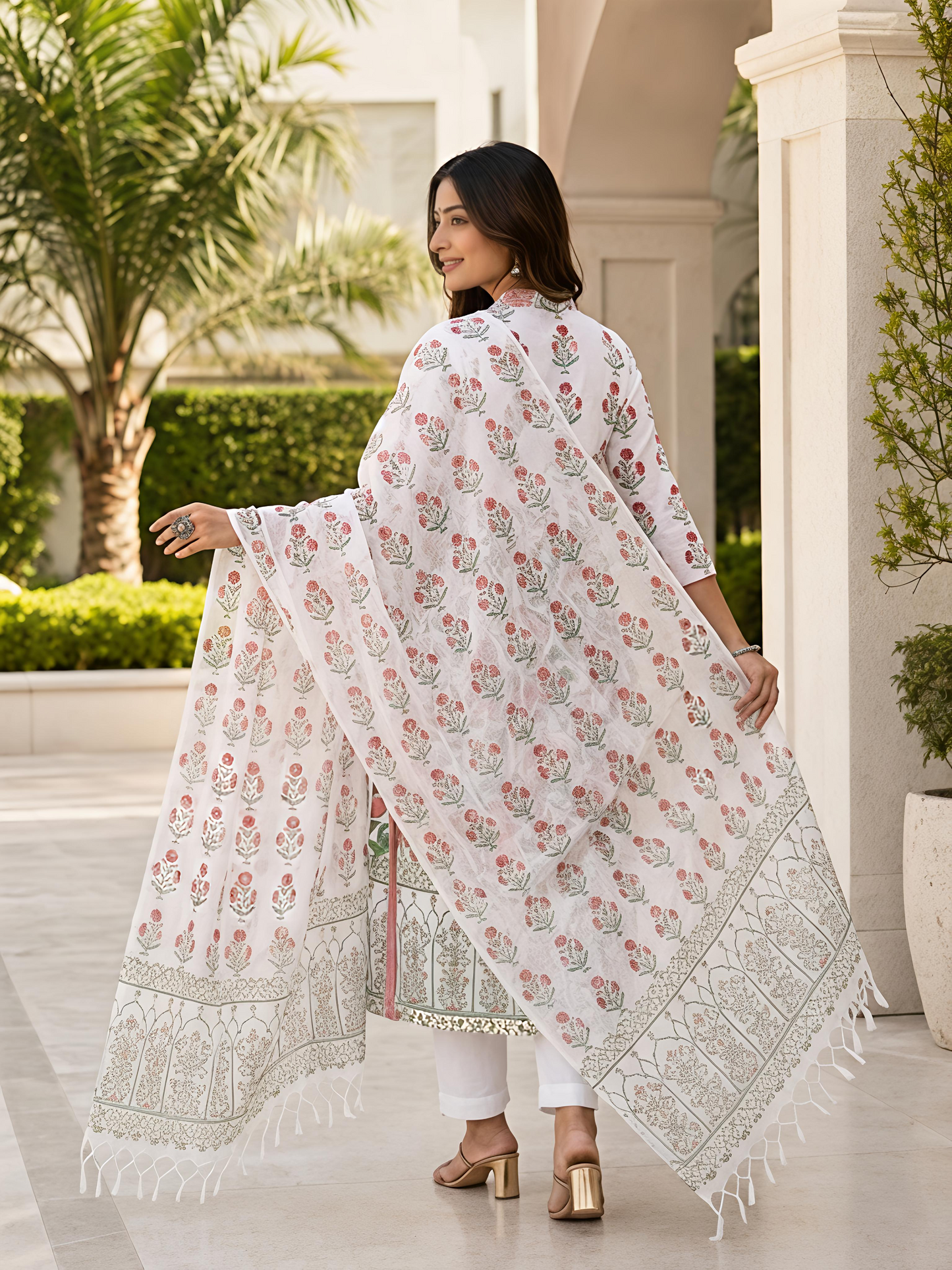 White Ethnic V-Neck Printed Rayon Kurta Set Dupatta Outfit