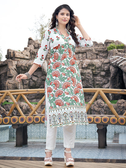 White Floral Rayon A-Line Kurta Set