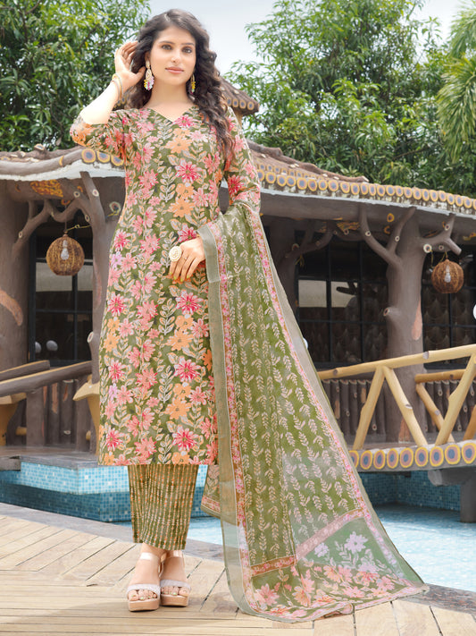 Green Floral Printed V-Neck Kurta Set