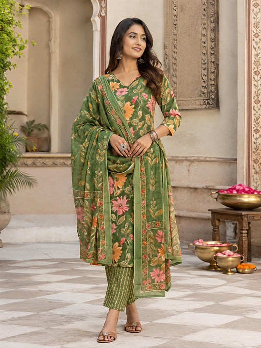 Green Ethnic Floral Viscose Rayon Printed Kurta Set Stylish Outfit