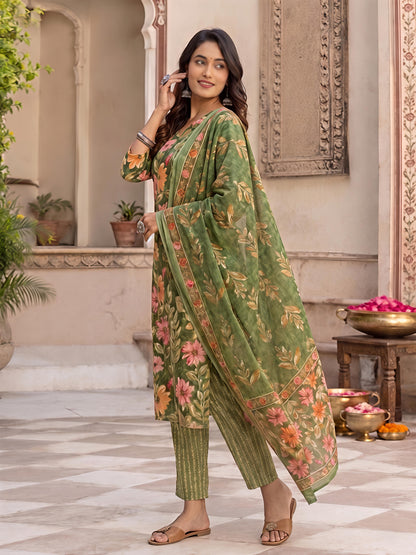 Green Ethnic Floral Viscose Rayon Printed Kurta Set Stylish Outfit