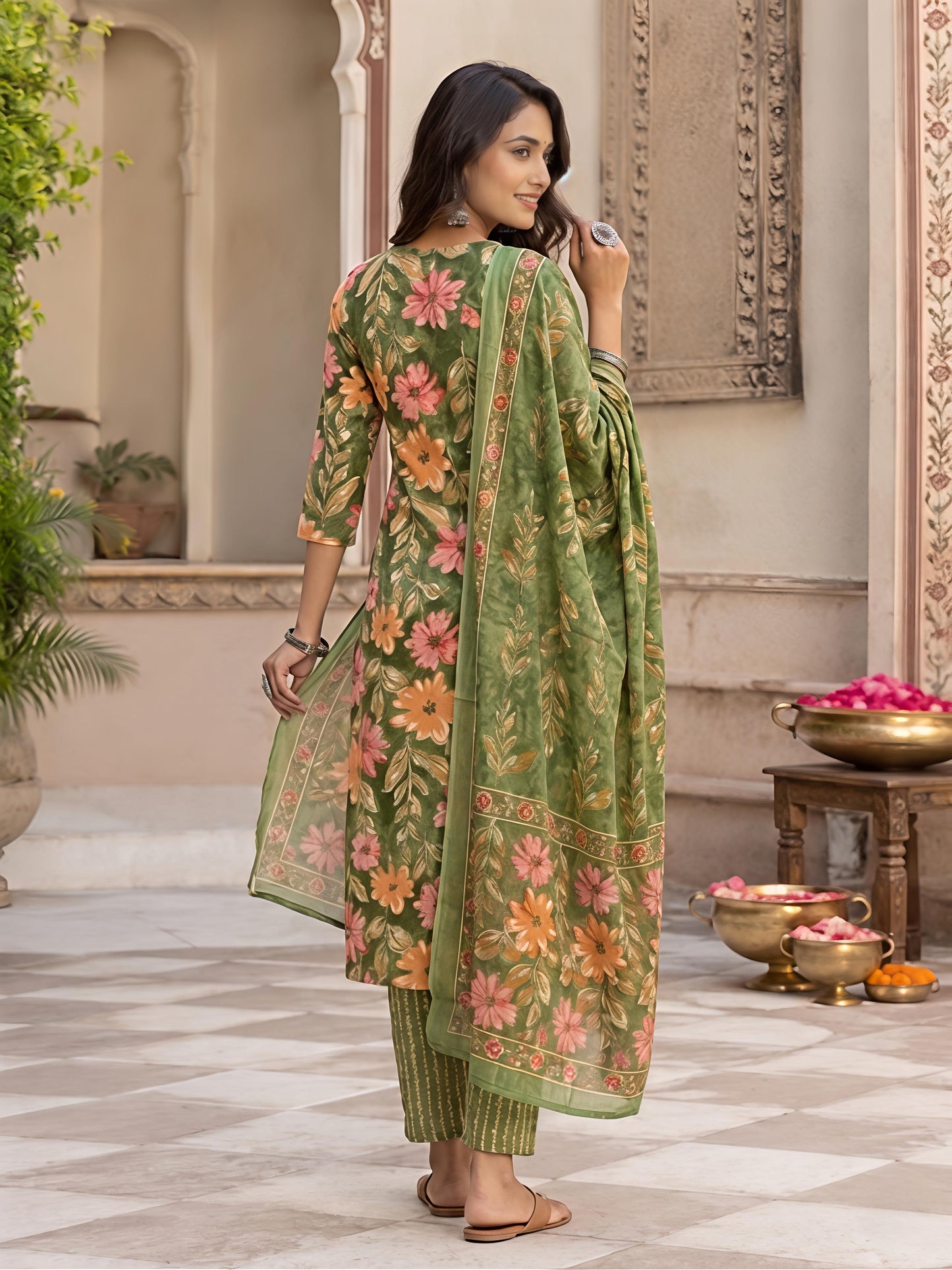 Green Ethnic Floral Viscose Rayon Printed Kurta Set Stylish Outfit