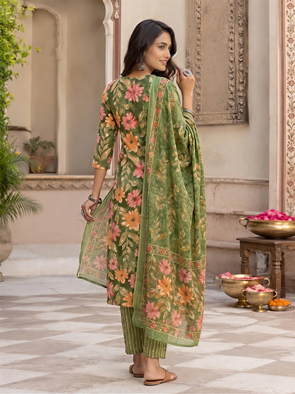 Green Ethnic Floral Viscose Rayon Printed Kurta Set Stylish Outfit