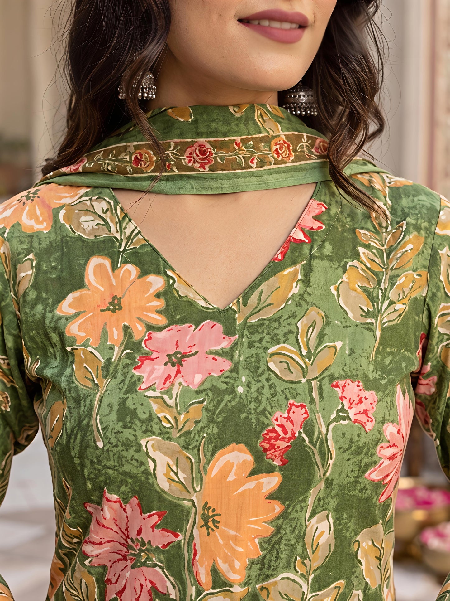 Green Ethnic Floral Viscose Rayon Printed Kurta Set Stylish Outfit