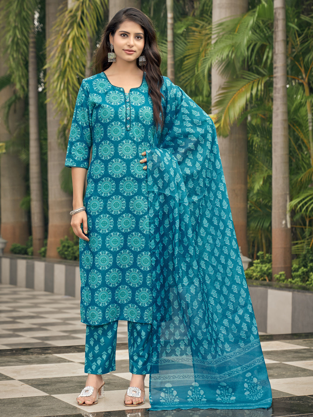 Aqua Blue Viscose Rayon V-Neck Kurta Set