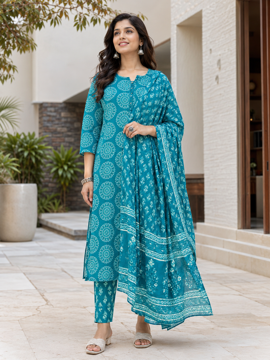 Aqua Blue Ethnic Printed Rayon Kurta Set Stylish Outfit