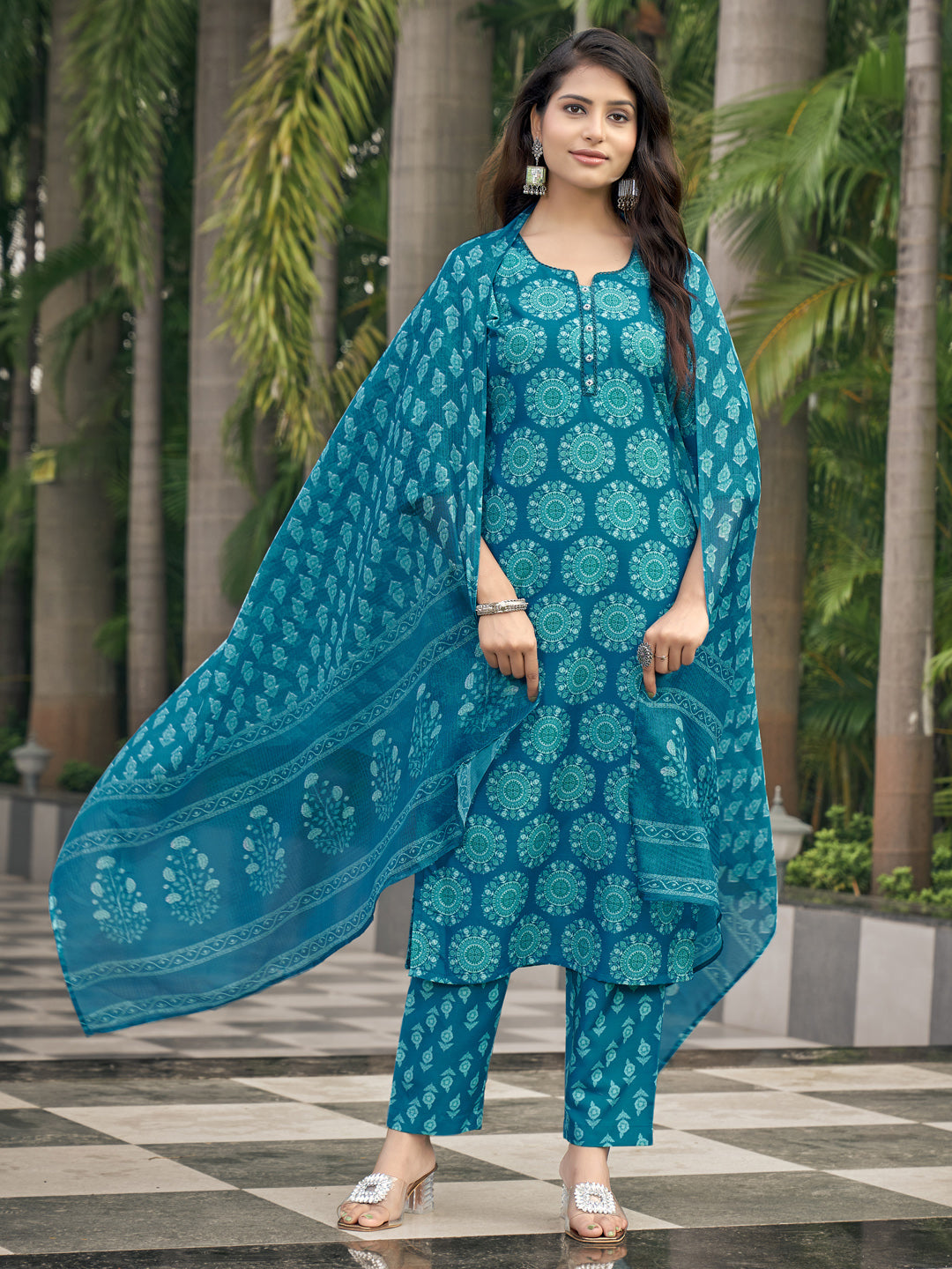 Aqua Blue Viscose Rayon V-Neck Kurta Set