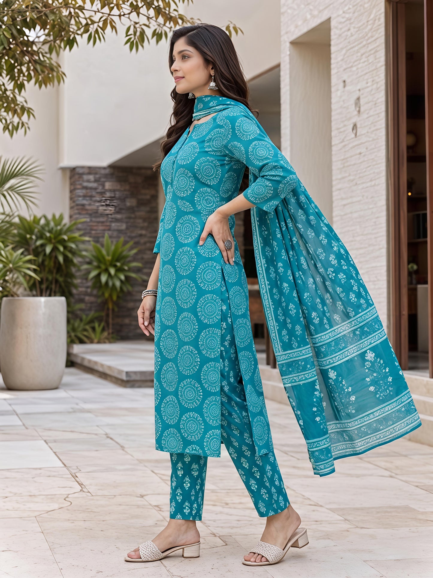 Aqua Blue Ethnic Printed Rayon Kurta Set Stylish Outfit