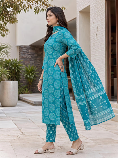 Aqua Blue Ethnic Printed Rayon Kurta Set Stylish Outfit