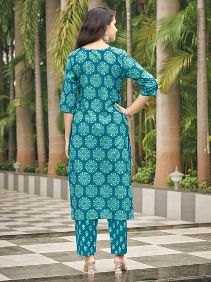 Aqua Blue Viscose Rayon V-Neck Kurta Set