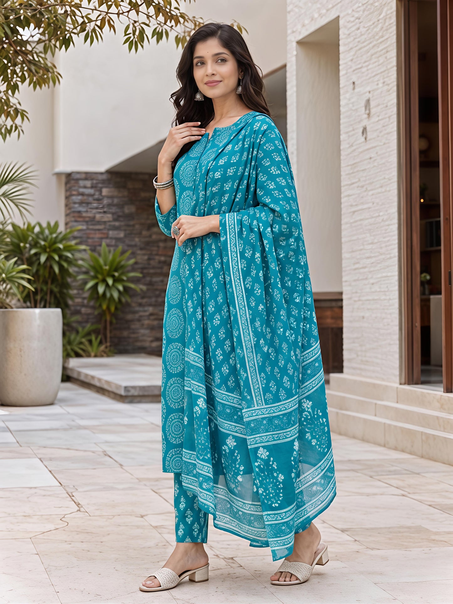 Aqua Blue Ethnic Printed Rayon Kurta Set Stylish Outfit