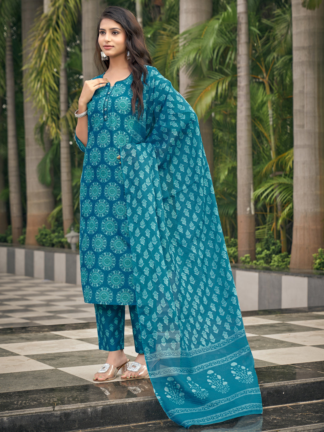 Aqua Blue Viscose Rayon V-Neck Kurta Set