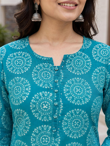 Aqua Blue Ethnic Printed Rayon Kurta Set Stylish Outfit