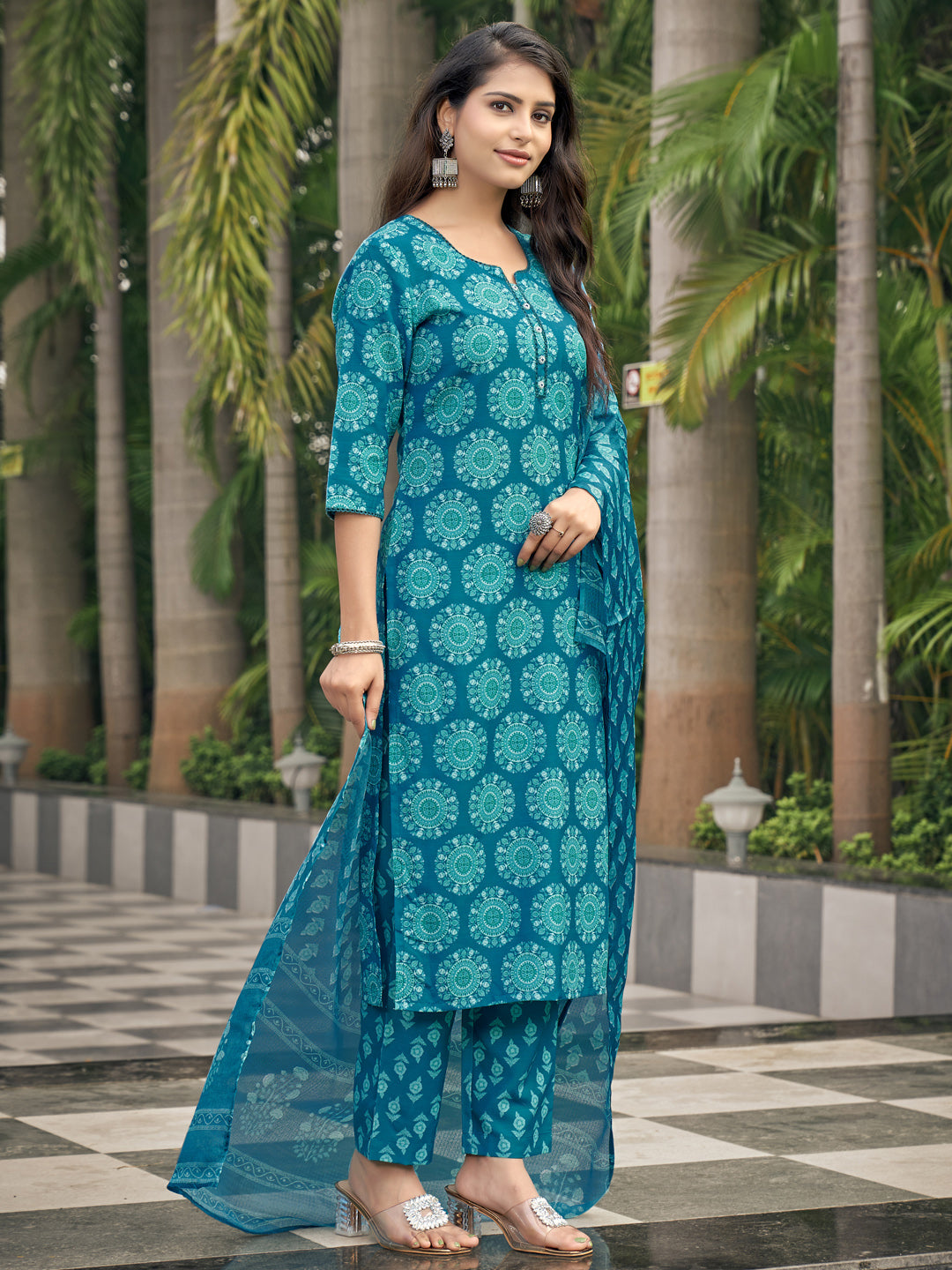 Aqua Blue Viscose Rayon V-Neck Kurta Set