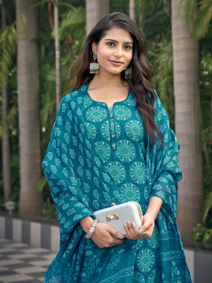 Aqua Blue Viscose Rayon V-Neck Kurta Set